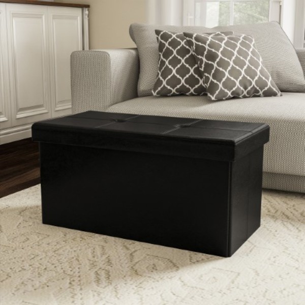 Hastings Home Foldable Storage Bench Ottoman, Tufted Faux Leather Cube Organizer Furniture for Home (Black, Large) 475236LNI